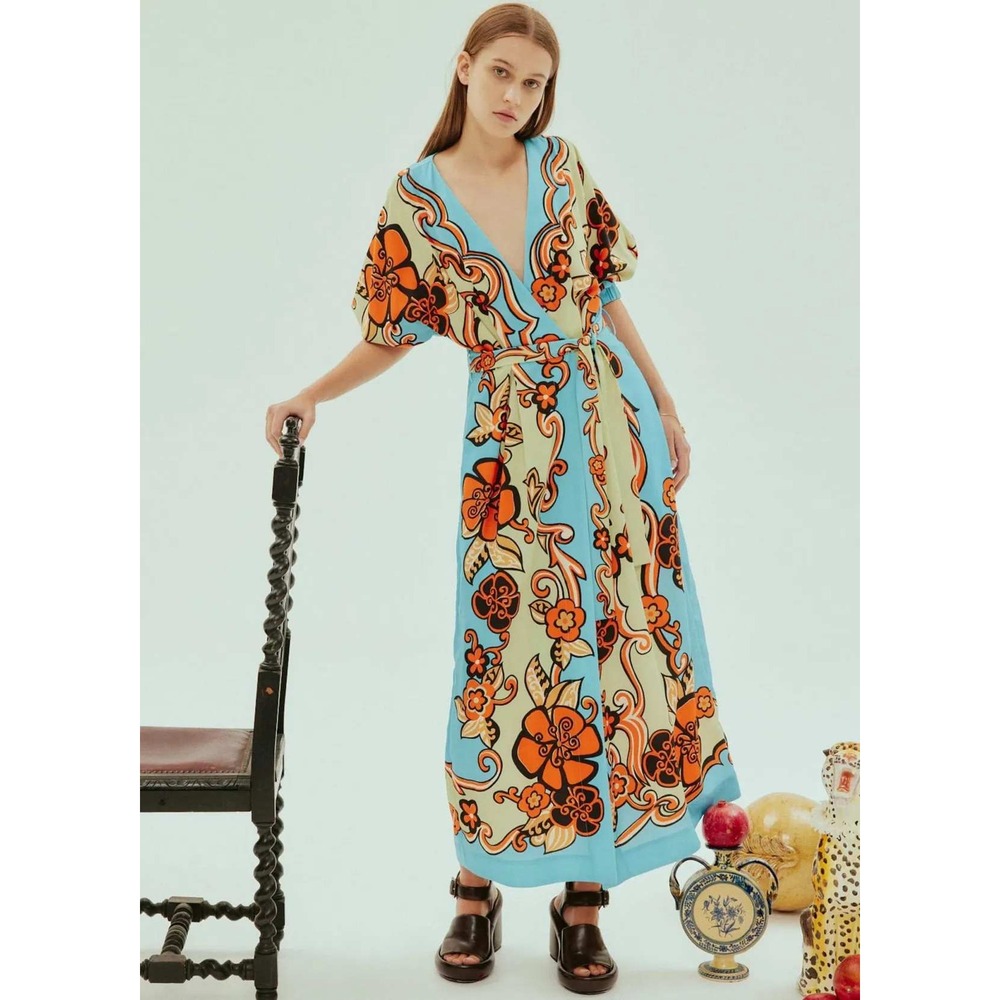 Alemais Ondine Wrap Midi Dress Blue Orange Floral Paisley Size 8